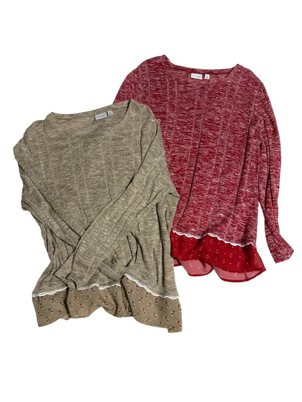 2‎ Kim Rogers Womens 2X Knit Tops Beige & Red Lightweight Long Sleeve Ruffle Hem